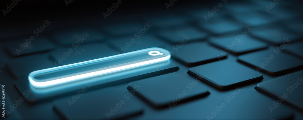 Poster backlit search bar on a dark keyboard, symbolizing technology, data exploration, and digital interac