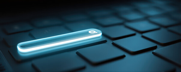 Backlit search bar on a dark keyboard, symbolizing technology, data exploration, and digital interaction in modern environments
