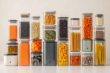 Neatly organized kitchen pantry containers filled with various dry foods