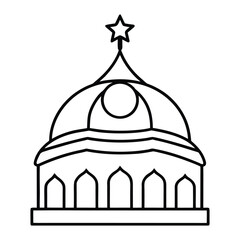 Outline Drawing of a Mosque with Star and Crescent Decorations