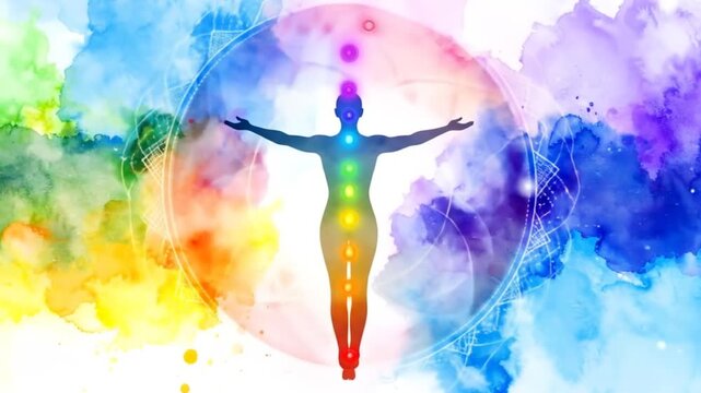 Chakra System Aura Visualization with Rainbow Watercolor Splash Seven Energy Centers in Human Body for Health and Well Being Concept