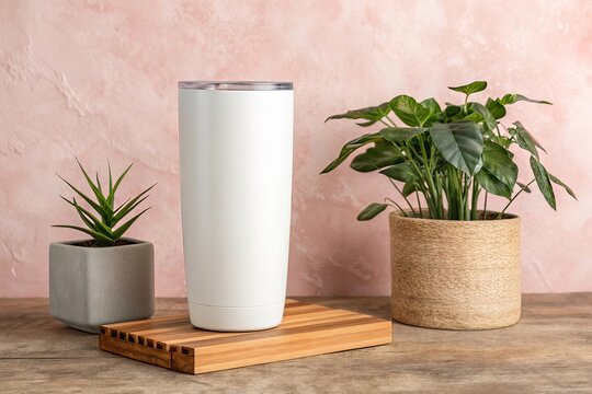 White insulated tumbler with plants and textured background