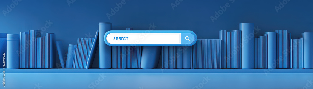 Poster abstract blue bookshelf background with a prominent search bar, representing digital knowledge and o