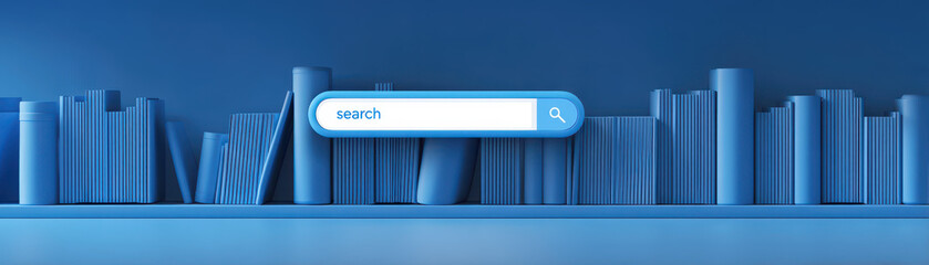 Abstract blue bookshelf background with a prominent search bar, representing digital knowledge and online library concepts
