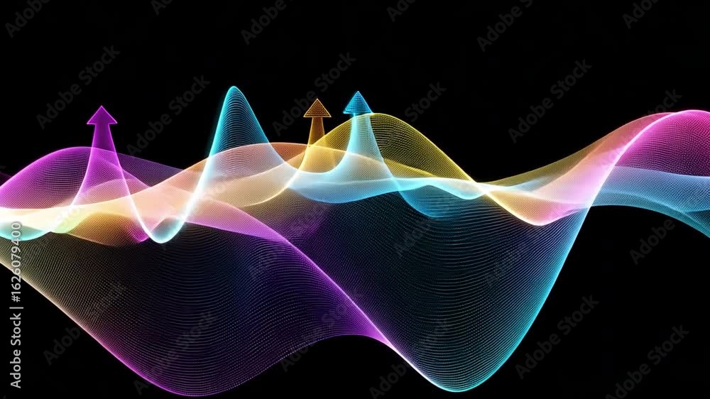 Poster colorful sound waves with arrows symbolize growth and movement, creating dynamic visual of audio tec