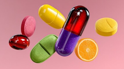Colorful assortment of dietary supplements including capsules, tablets, and fruit slices, floating against a soft pink background, showcasing health and wellness concepts in a vibrant composition