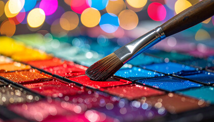 Colors and Creativity: A close-up shot of a paint palette with a paintbrush, exploring the vibrant shades and artistic potential.