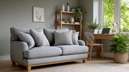 Airy contemporary living room featuring sleek grey sofa, decorative shelving, framed art, light wood floors, and compact home workspace by window with laptop and lamp in stylish interior decor

