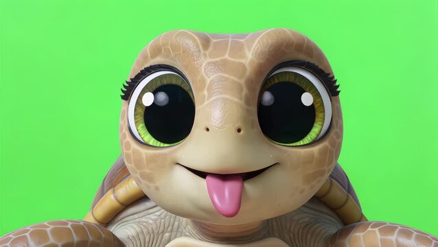 a cute 3d turtle animation with big green eyes on a green screen background