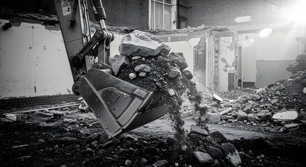 Black And White Photo Of Excavator Bucket Full Of Rocks During Demolition