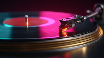 Vintage Vibes: Capturing the timeless essence of vinyl records, bathed in neon glow. Evoking memories, a feast for the senses, celebrating the resurgence of vintage music.