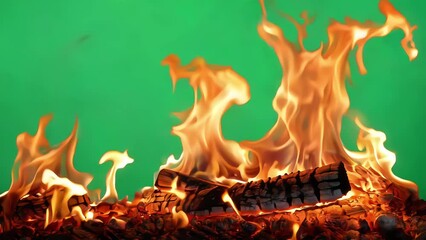 burning fire with bright orange flames and glowing embers on a green screen background