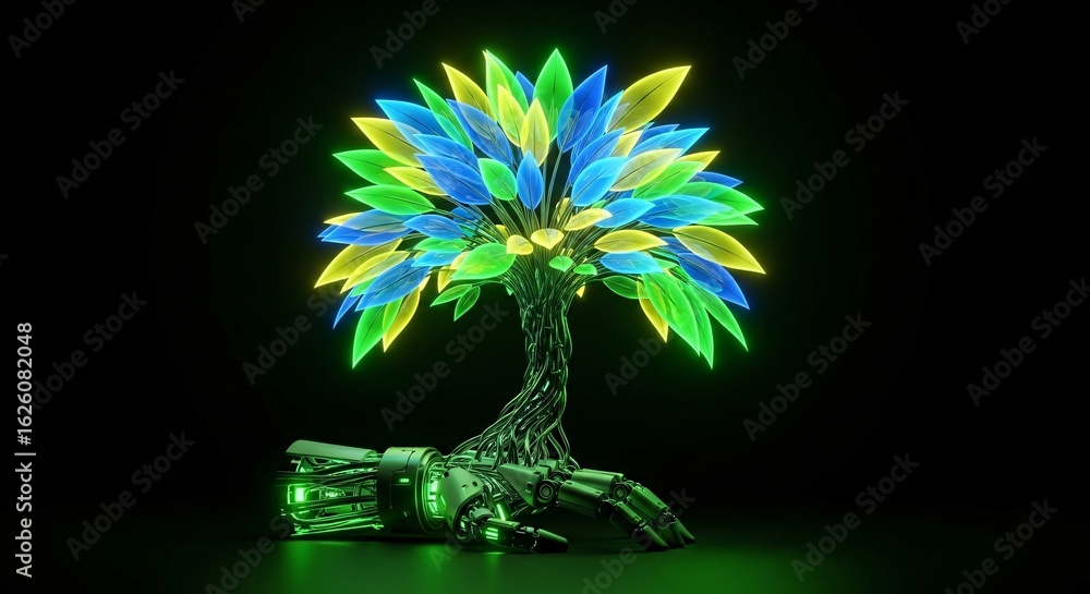 Poster futuristic glowing tree growing from a robotic arm in a dark environment symbolizing technology and 