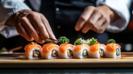 A sushi chef preparing rolls with fresh fish and vegetables, on blurred background