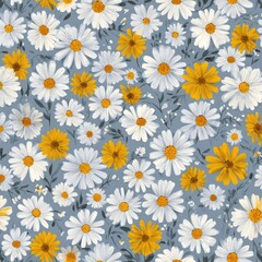 Floral daisy pattern on a muted gray background.  White and mustard yellow daisies, various sizes, interspersed with small leaves and sprigs