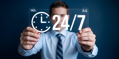 Businessman Holding Transparent Panels Displaying 24/7 and Clock Icon