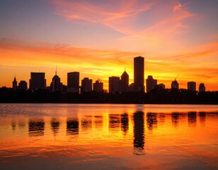 Fototapeta premium Colorful Sunset Over City Skyline Reflected in Water