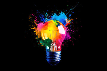 Creative light bulb explodes with colorful paint and splashes on a black background. Think differently creative idea concept
