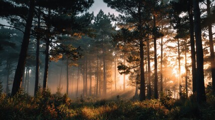 Serene forest with sunlight filtering through trees.