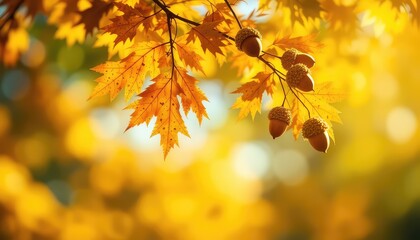 Obraz premium Golden hued foliage and acorns in an autumnal scenery with the sun shining with soft and warm light behind them