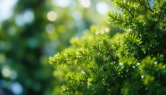 Close up shot highlighting the beauty of vibrant green pine needles with sunlit bokeh background creating a nature filled scene - Powered by Adobe