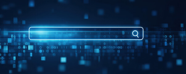 Digital search bar glowing with blue light against a background of binary code, symbolizing technology and data retrieval
