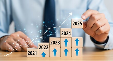 Business Growth: Stacking blocks from 2021 to 2025, symbolizing a growing business trend.