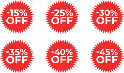 set of discount labels from 15% to 45% off vector template design