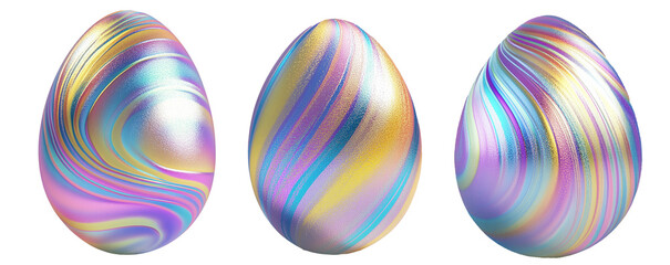 Decorative Easter egg with shimmering pastel stripes in gold, blue, and purple isolated on white transparent background. Symbol of Easter and celebration