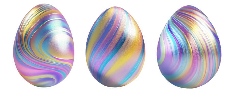 Decorative Easter egg with shimmering pastel stripes in gold, blue, and purple isolated on white transparent background. Symbol of Easter and celebration