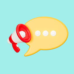 Red and white megaphone with yellow bubble speech isolated on blue background, 3d render.