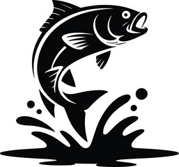 Dynamic black silhouette of a large bass fish leaping out of water with splashing waves