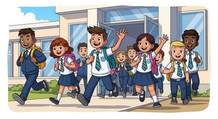 Excited students joyfully run from school building after the final bell in cartoon style art.