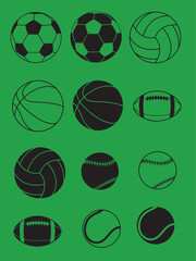 A comprehensive collection of various sports balls, including soccer, basketball, and football, presented as graphic icons and silhouettes.