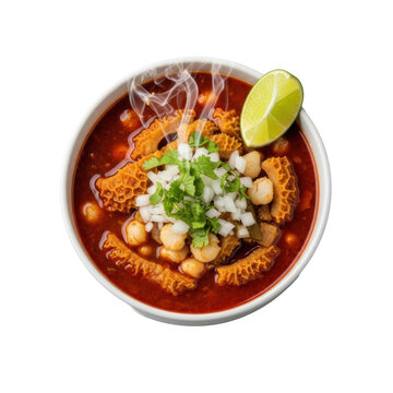 A steaming bowl of traditional Mexican Menudo soup with tender honeycomb tripe, hominy, cilantro, onion, and lime on a solid transparent background, concept of authentic Mexican cuisine