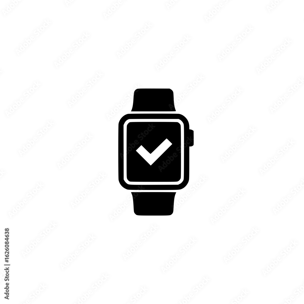 Poster wearable smartwatch with verification checkmark icon shown on modern ui screen design