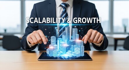 Professional showcases scalability and growth concept through a modern holographic city display.