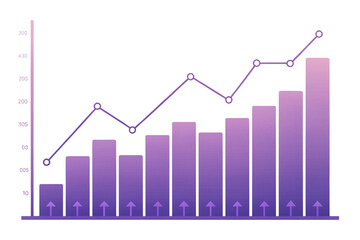 Obraz premium Purple bar graph with line chart showing upward trend isolated on transparent background