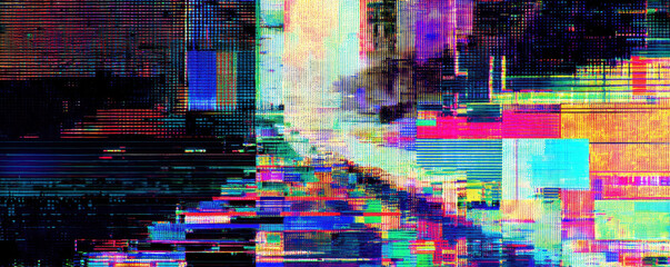 Abstract digital glitch art featuring vibrant colors, distorted patterns, and a fragmented aesthetic representing modern technology