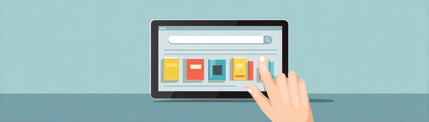 Hand interacting with digital tablet displaying colorful book options on a simple background, illustrating online browsing for books