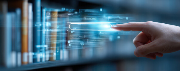 Hand interacting with digital search interface above blurred bookshelves, representing technology, information access, and modern research