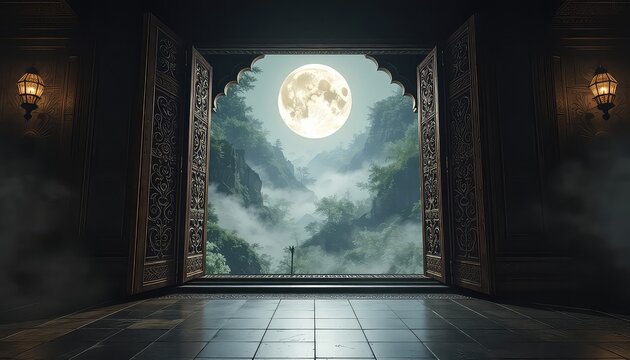 Serene Interior with Ornate Doors Framing a Mystic Moonlit Valley Cloaked in Soft Whispering Fog and Verdant Rolling Hills