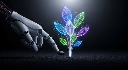 Robotic hand planting a glowing digital plant symbolizing technological growth and innovation on a dark background