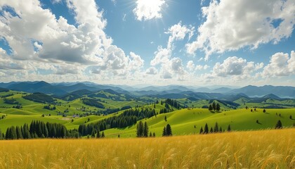 Sunlit meadows and distant peaks under a vast blue sky with puffy white clouds offer serenity and a promise of a peaceful day.