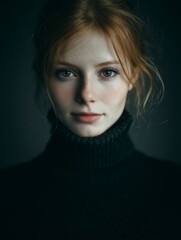 Studio portrait of a slavic woman, close-up, wearing a black turtle neck, grey background