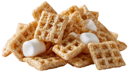Pile of golden-brown, waffle-textured cereal squares and small, white marshmallows