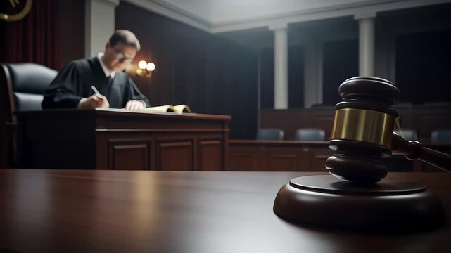 Judge Writing Verdict in Courtroom, Gavel in Foreground