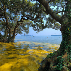 The shadow of the tree is dyed gold in the lake