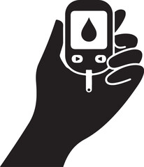 Hand holding blood glucose meter, world diabetes day vector icon, medical sign, diabetes symbol, healthcare illustration, simple black silhouette.