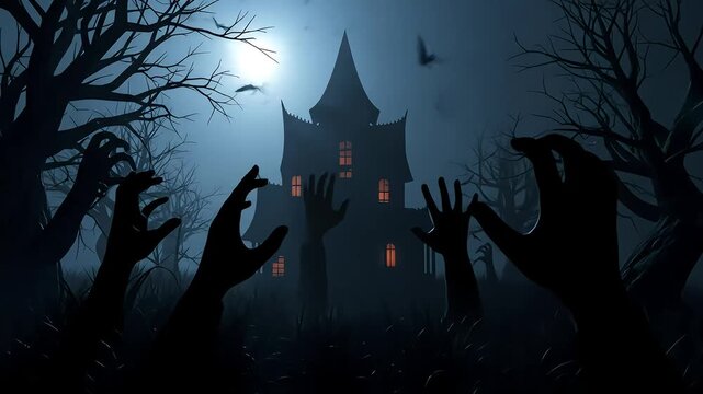 Animated Halloween Scene with Haunted House Bats and Zombies in a Dark Forest